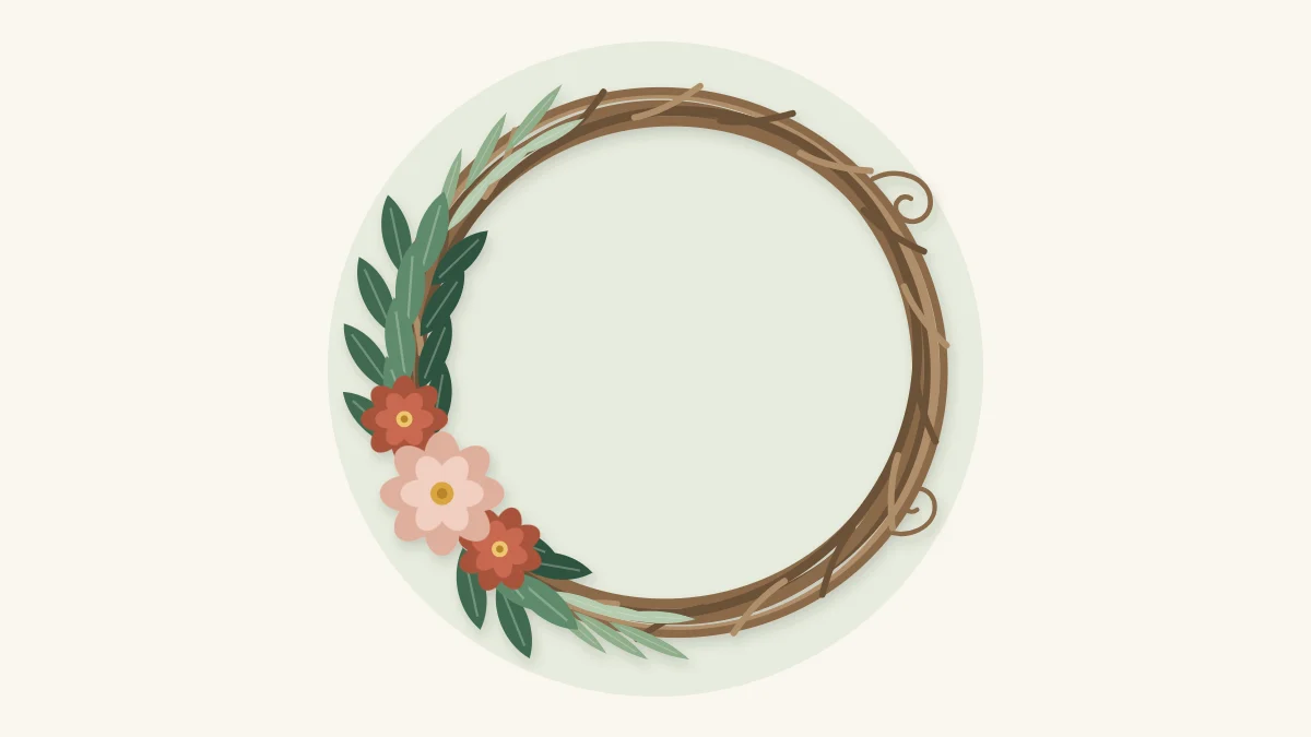 Grapevine wreath with a crescent of greenery and three flowers along the left side