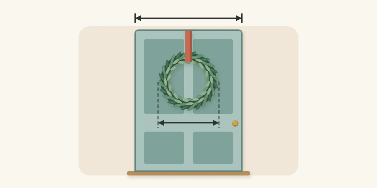 Door and wreath with arrows comparing the door width and the wreath width