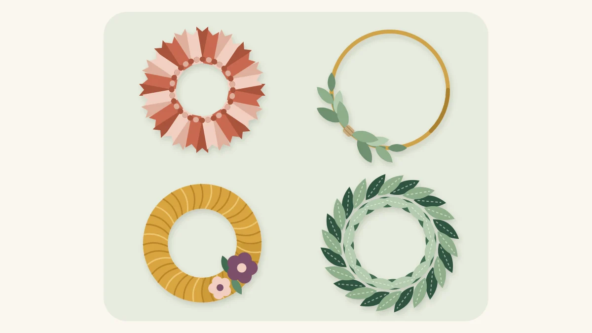 Four beginner wreaths: a tied ribbon wreath, a minimalist hoop wreath, a yarn-wrapped wreath and a paper leaf wreath
