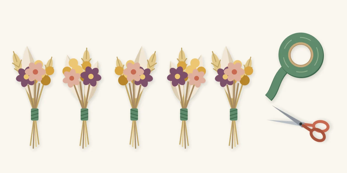 Five small bundles of dried flowers bound with floral tape, with tape and scissors