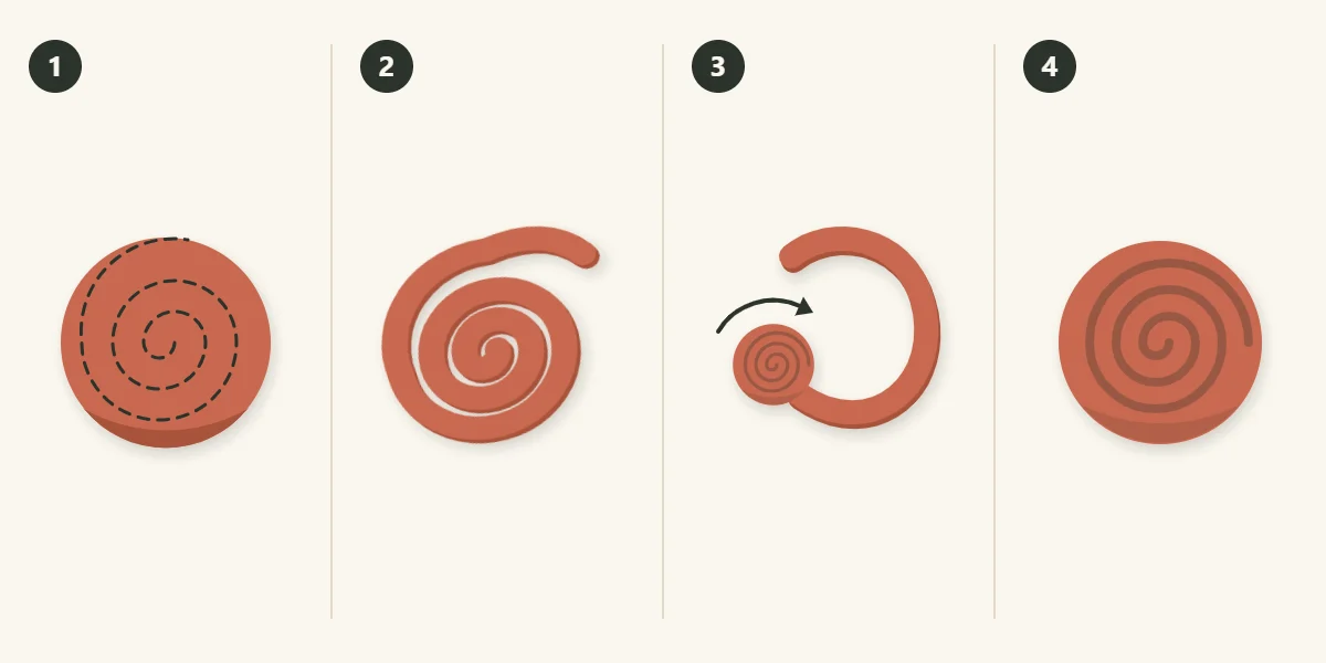Four steps: mark a spiral on a felt circle, cut it, roll from the outer end, finished rose