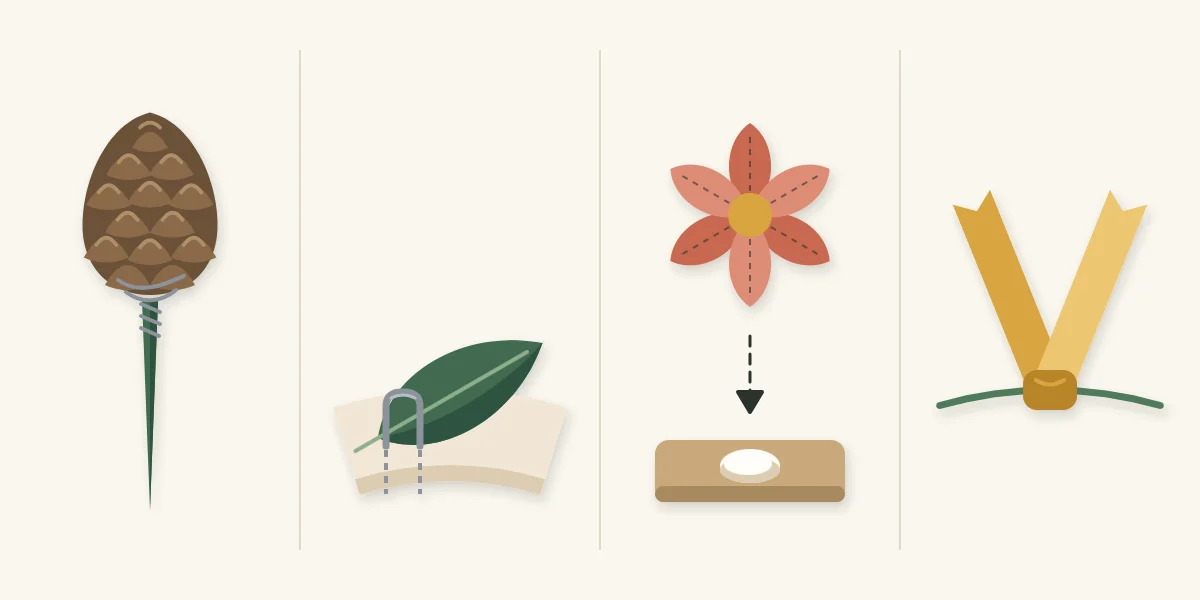 Four attachments: a wired pick, a floral pin, a dot of glue and a tied ribbon knot
