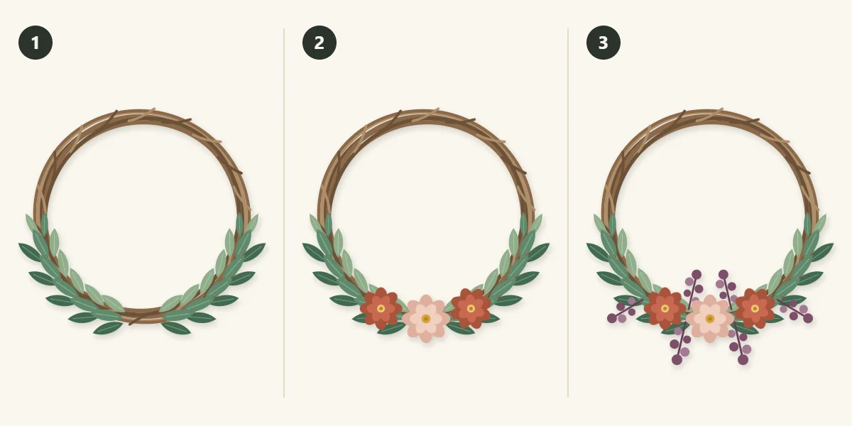 Three stages: greenery first, then three large flowers, then small filler sprigs