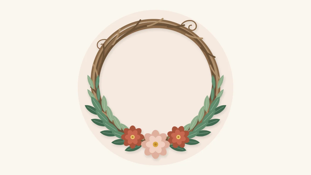 Grapevine wreath with greenery and three flowers on the lower half and bare vine above