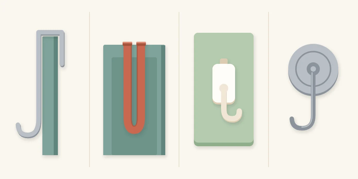 Four hanging options: over-the-door hanger, ribbon over the door, adhesive hook and magnetic hook