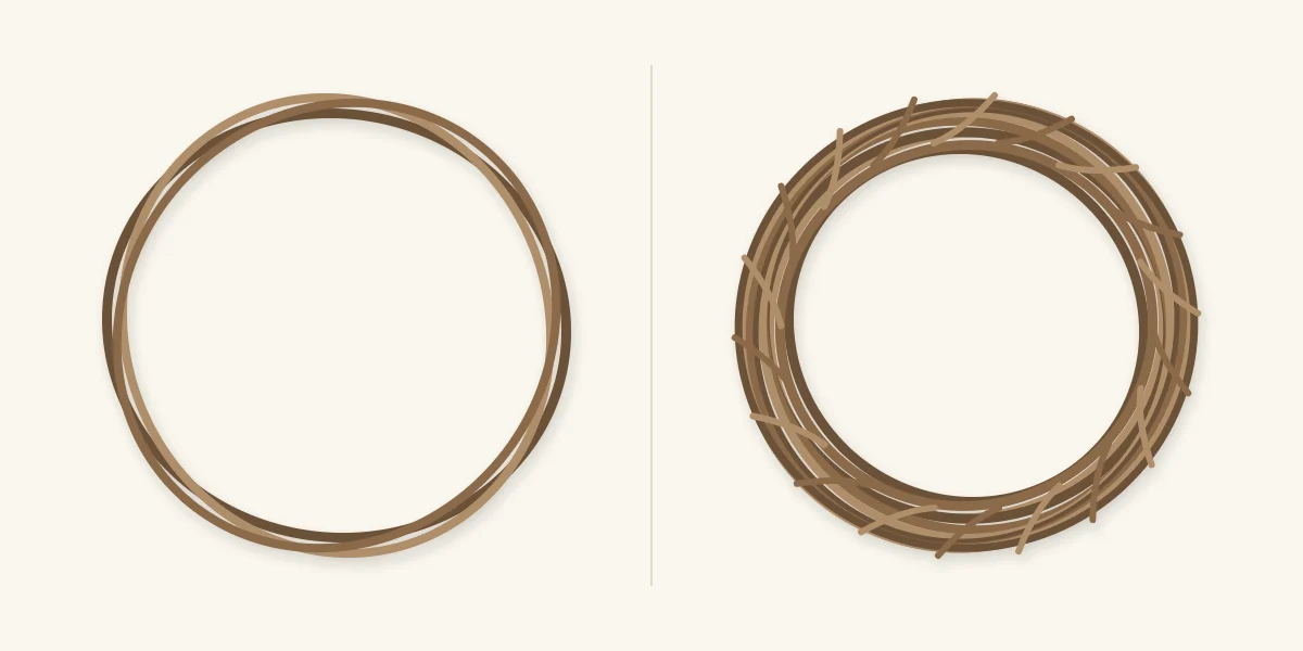 A thin three-vine grapevine ring beside a thick many-vine ring of the same diameter