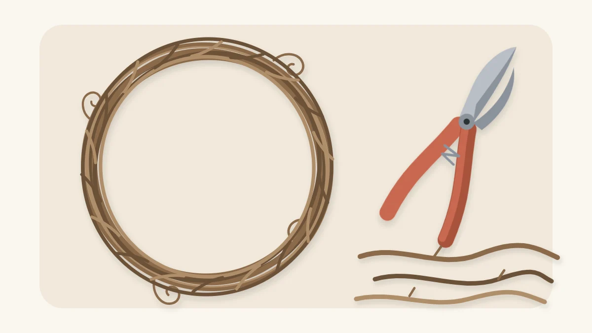 Handmade grapevine wreath base with pruners and loose lengths of vine