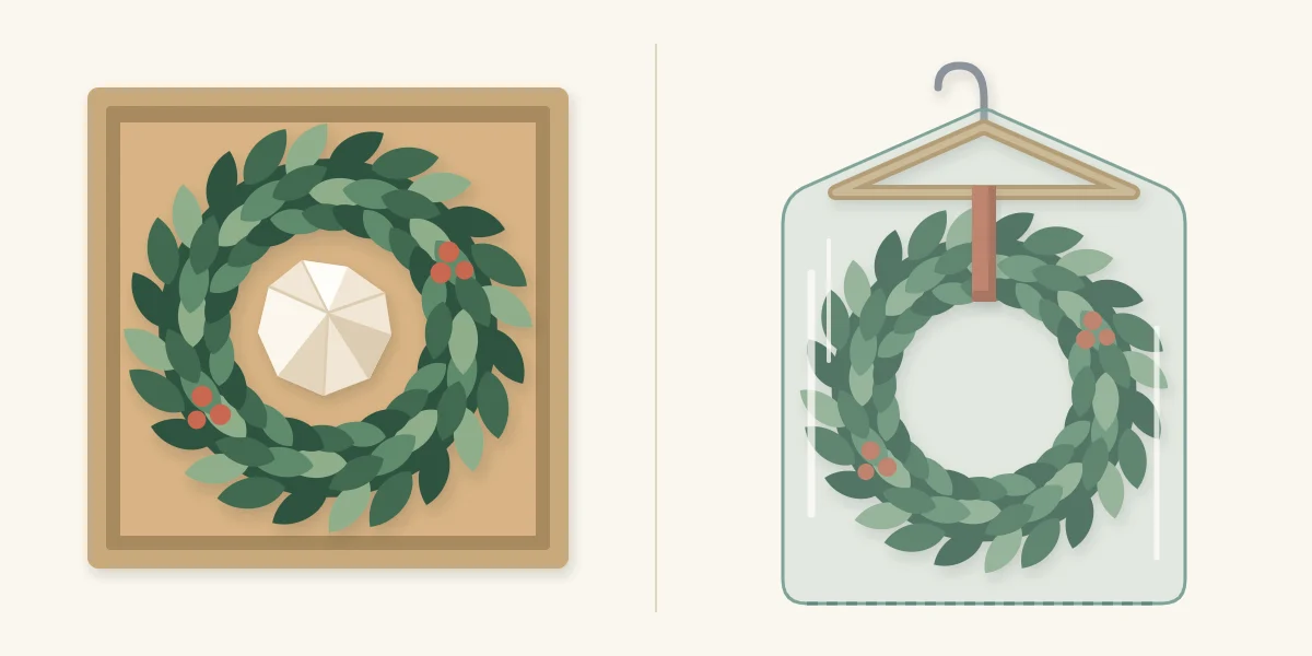 A wreath stored flat in a box with tissue beside a wreath hanging on a hanger in a cover