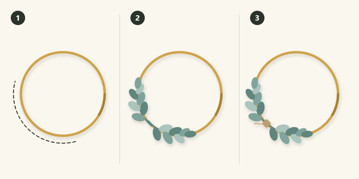 Three steps: mark a third of the hoop, lay two stems pointing apart, bind the center with twine
