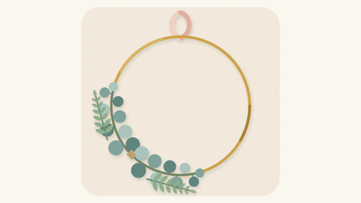 Gold hoop wreath with a small spray of eucalyptus leaves on the lower left