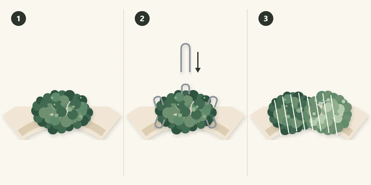 Three steps: lay a piece of moss on the ring, pin its edges, overlap the next piece and wrap with thread