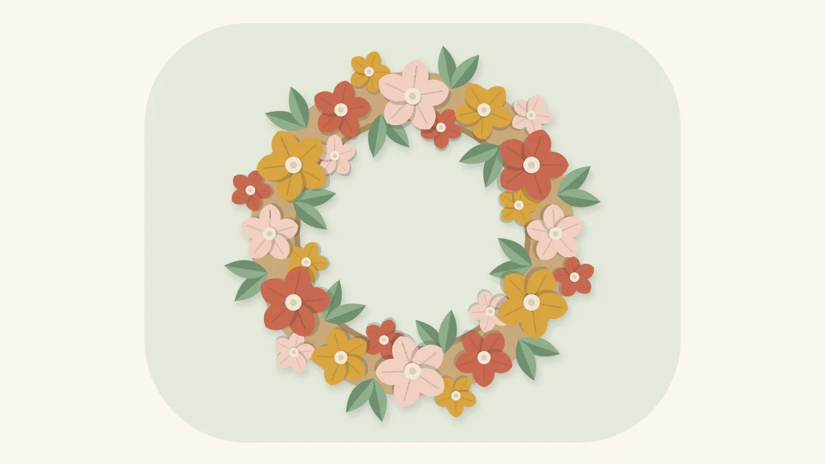 Paper flower wreath with five-petal cardstock blooms in blush, terracotta and mustard