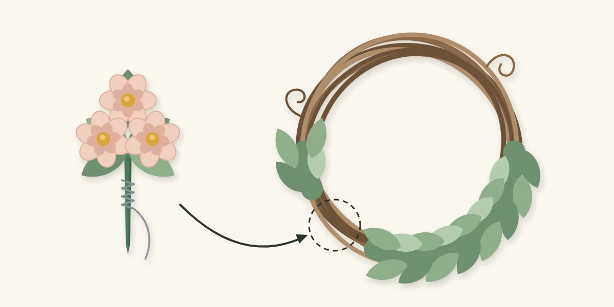 Greenery wreath with an empty spot and a removable flower cluster on a wired pick