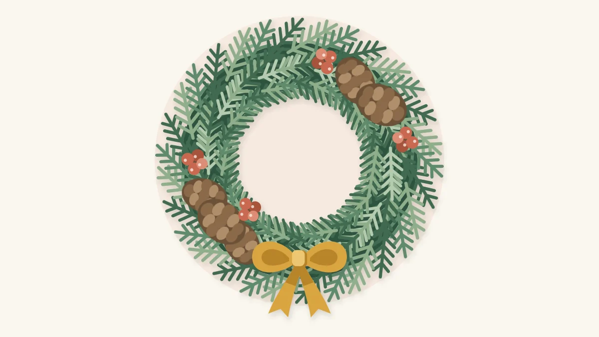 Evergreen wreath with two pinecone clusters, terracotta berries and a mustard bow