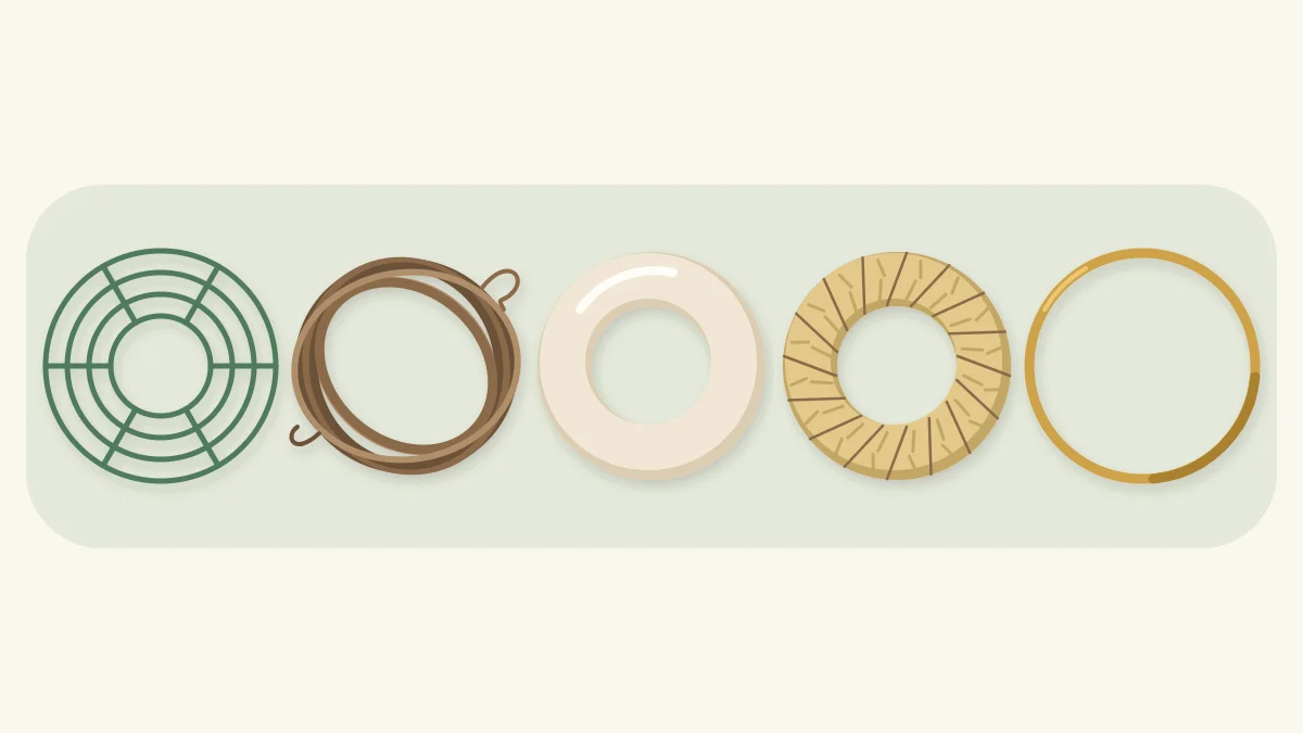 Five wreath bases in a row: wire frame, grapevine, foam ring, straw ring and metal hoop